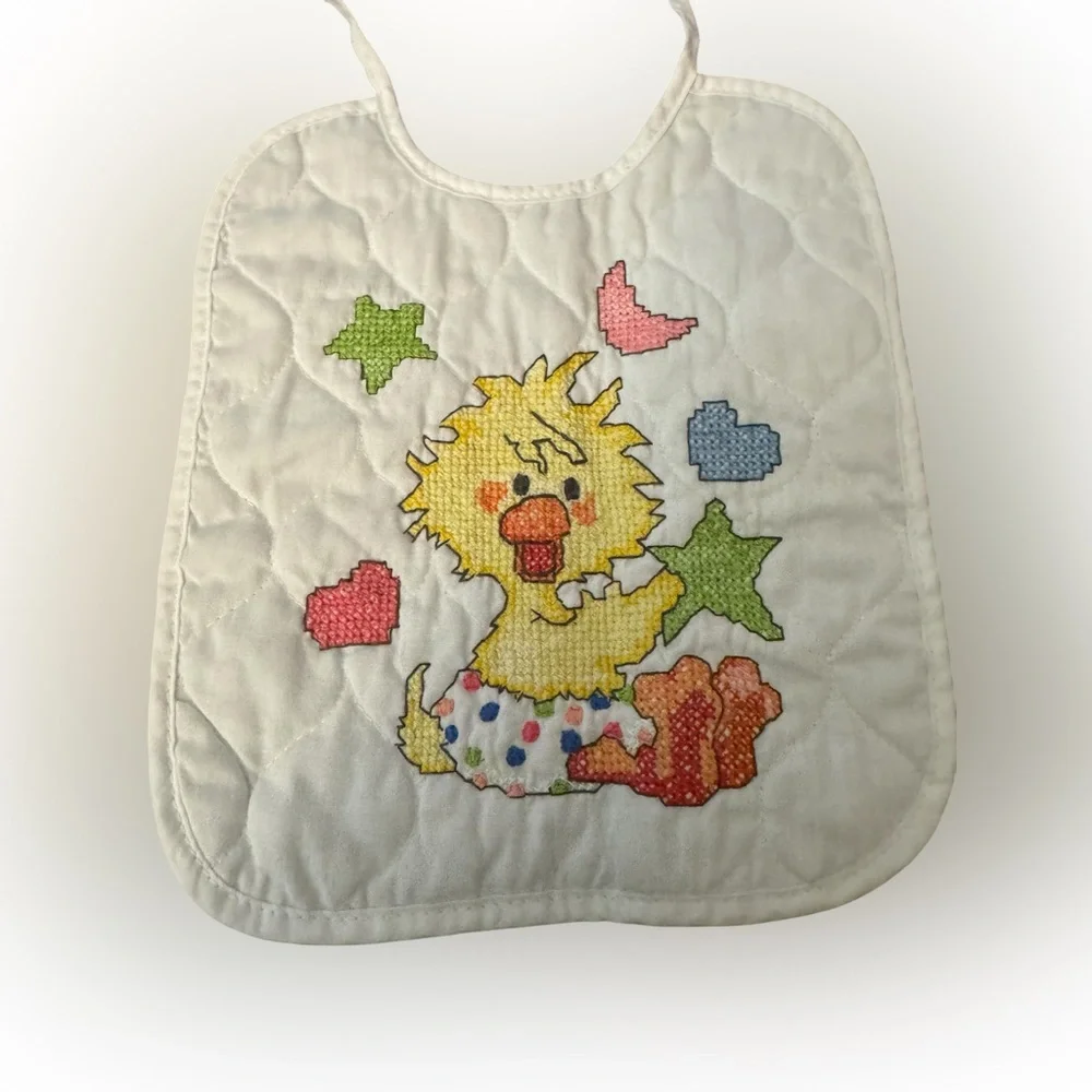 Suzy’s Zoo Yellow Duckling Cross Stitched Baby Bib - New